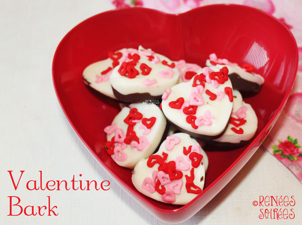 Photo of heart-shaped chocolate bark with heart sprinkles
