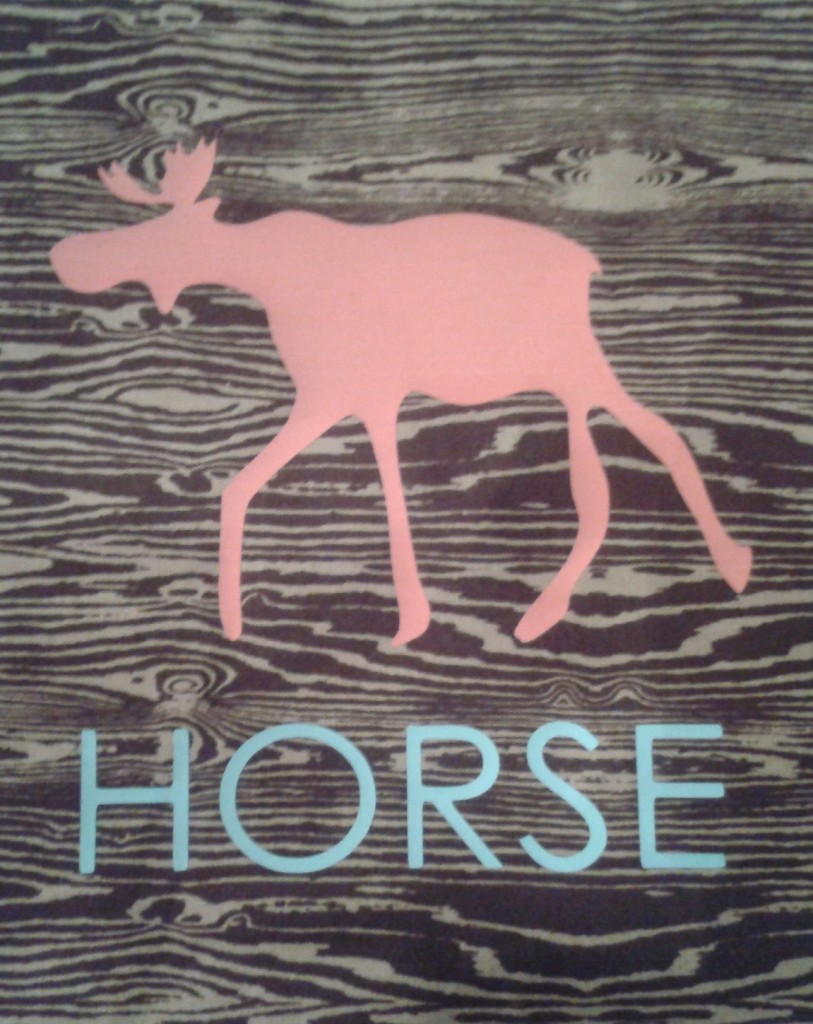 A quilt square with a drawing of a moose, labeled "horse"